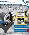 Heavy Duty Electric Hydraulic Hose Crimper And Rock Solid Swage Press For One Quarter To Two Inch Lines With Quick Swap Ten Die Set High Pressure Tube Shrink Assembly Tool 5.4Hp 220V Shop Workhorse showing detailed locking mechanism components.