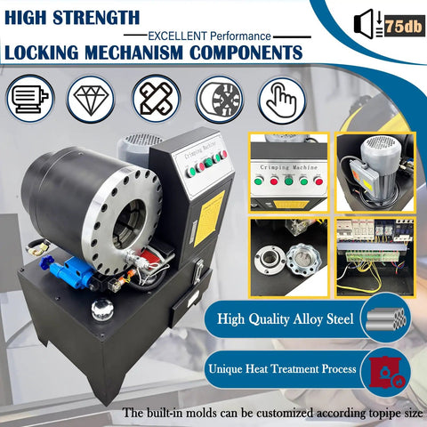Heavy Duty Electric Hydraulic Hose Crimper And Rock Solid Swage Press For One Quarter To Two Inch Lines With Quick Swap Ten Die Set High Pressure Tube Shrink Assembly Tool 5.4Hp 220V Shop Workhorse showing detailed locking mechanism components.