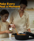 Mother and daughter cooking with Heavy Duty Cast Iron Dutch Oven With Dual Purpose Skillet Lid 5 Quart Preseasoned Pot