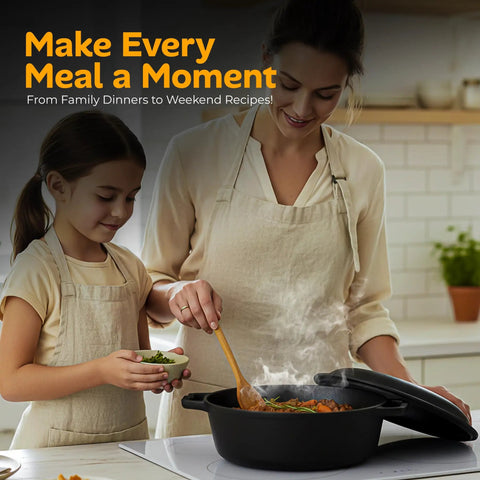 Mother and daughter cooking with Heavy Duty Cast Iron Dutch Oven With Dual Purpose Skillet Lid 5 Quart Preseasoned Pot