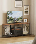 Reliable Industrial TV Console With Fabric Drawer And Open Storage Rack For 50 To 55 Inch Screens in rustic brown with TV.