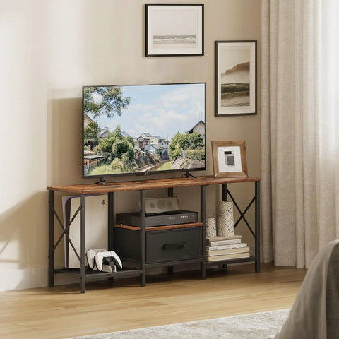 Reliable Industrial TV Console With Fabric Drawer And Open Storage Rack For 50 To 55 Inch Screens in rustic brown with TV.