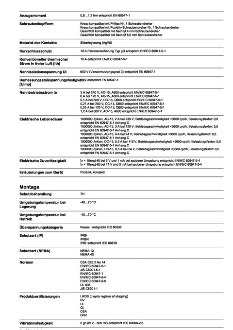 Technical specifications sheet for XB4BD21 2 Position Selector Switch With Metal Bezel including installation and operational standards.
