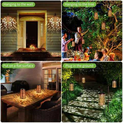 4 Pack Solar Lanterns Outdoor Waterproof Hanging Lights Dual Modes Cool White And Warm White For Patio Garden Yard Porch Tree Decor Lighting Gift For Women Moms Grandmas glowing in various outdoor settings at night.