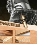 Close-up of 8 Piece Trim Router Bit Set with 4 Flush Trim Bits cutting solid wood, dense plate, chipboards, and other materials