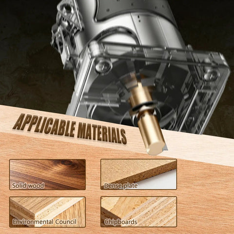 Close-up of 8 Piece Trim Router Bit Set with 4 Flush Trim Bits cutting solid wood, dense plate, chipboards, and other materials
