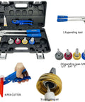 Manual PEX Expander Tool Kit with expansion heads and lubricant in carrying case, includes 3/8, 1/2, 3/4, 1 inch heads.