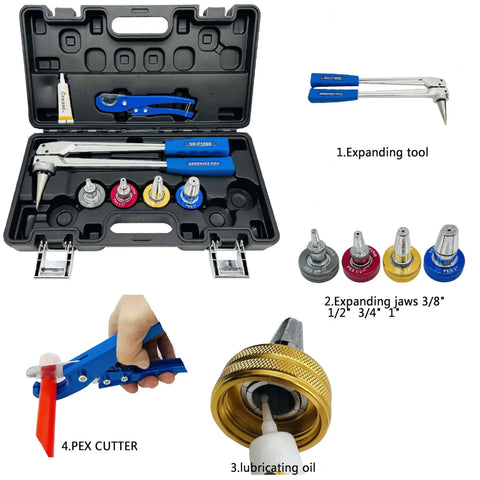 Manual PEX Expander Tool Kit with expansion heads and lubricant in carrying case, includes 3/8, 1/2, 3/4, 1 inch heads.