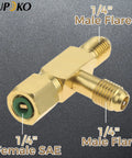 Aupoko brass quick-coupler access tee with three 1/4-in ports: two male flare, one female SAE.