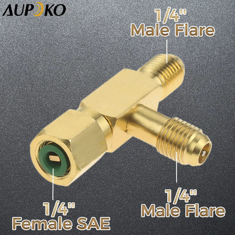 Aupoko brass quick-coupler access tee with three 1/4-in ports: two male flare, one female SAE.