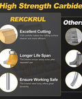 15 Piece Router Bit Set With 1/4 Inch Shank Pro Grade Tungsten Carbide Construction features and benefits highlighted in diagram