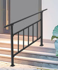 Rock-Solid 4-Step Steel Stair Railing with Integrated Fence Safety Barrier Features Tough Baked-On Finish for Indoor Outdoor Porch Deck Heavy-Duty Handrail installed on steps.