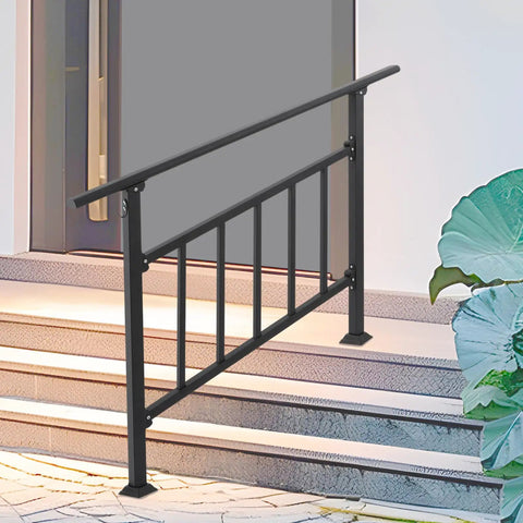 Rock-Solid 4-Step Steel Stair Railing with Integrated Fence Safety Barrier Features Tough Baked-On Finish for Indoor Outdoor Porch Deck Heavy-Duty Handrail installed on steps.