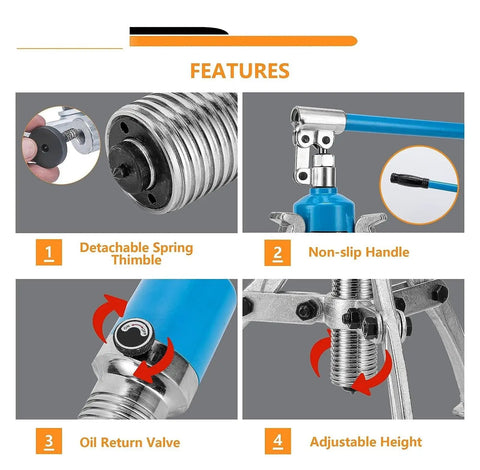Features of Slick Heavy Duty 10 Ton Hydraulic Gear Puller Set: detachable spring thimble, non-slip handle, oil return valve, adjustable height.