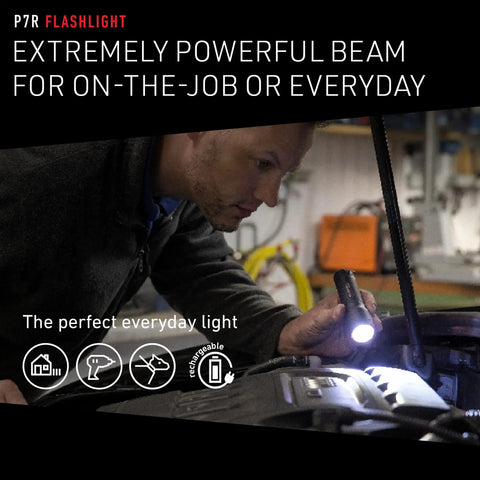 Man using P7R Signature Aluminum Beast Flashlight With 1000 Lumens Beam 210 Meter Range IPX4 Water Resistant Non UV LED Smart Light Modes