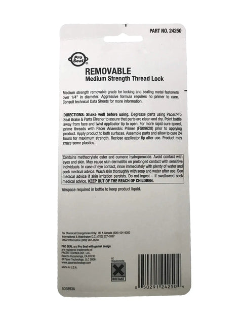 Back view of packaging for Removable Blue Thread Locker Medium Strength For Fasteners Up To Three Quarters Of An Inch Fifty Ml Bottle Resistant To Gasoline Oil Antifreeze Prevents Galling Removable With Hand Tools Temperature Range Minus Sixty Five To Three Hundred Fahrenheit