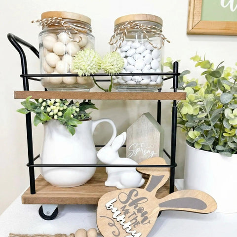 Dope Vintage Two Tier Mini Wood Coffee Bar Cart With Smooth Rolling Wheels And Spacious Dual Shelves For Any Cozy Hangout Or Quick Serve Beverage Station with decorations.