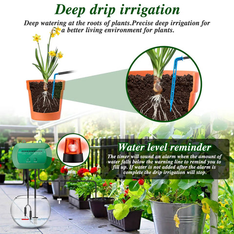 Solar Drip Irrigation System Auto Watering Kit For 15 Pots showing deep watering and water level reminder.