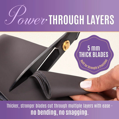 Ultra Sharp 9 Inch Fabric Scissors For Heavy Duty Cutting, Tough As Nails Fabric Shears That Deliver Smooth, Precise Cuts On All Fabrics And Leather, Perfect For Tailors, Dressmakers, Crafters, And Artists. Black 5 mm thick blades cutting layered leather.