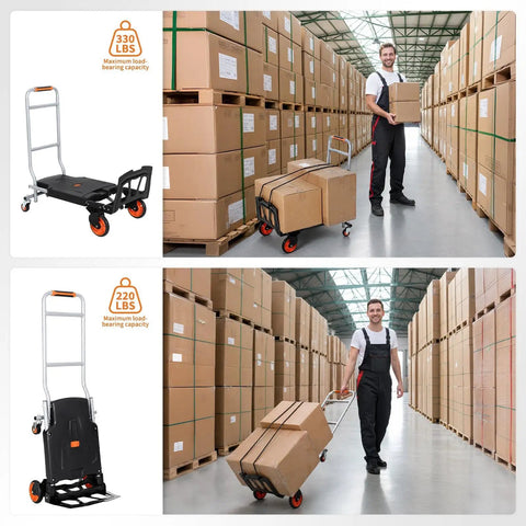 Folding 2-In-1 Hand Truck and Platform Cart for Heavy Duty Loads, 330 Lbs Capacity, Convertible Dolly with 360 Degree Brake Wheels, Lightweight Rustproof Aluminum Steel Frame in warehouse