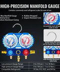 Heavy Duty 4.5 CFM Vacuum Pump And Gauge Kit For HVAC, Mini Split And Auto Systems, Built To Play Nice With R134a R12 R22 R410a, Includes Leak Detector, Core Depressor Valves, 2 R134a Tap Adapters, Quick Couplers, And Storage Case. 3-way manifold gauge with aluminum body