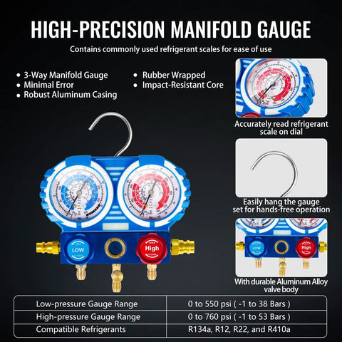 Heavy Duty 4.5 CFM Vacuum Pump And Gauge Kit For HVAC, Mini Split And Auto Systems, Built To Play Nice With R134a R12 R22 R410a, Includes Leak Detector, Core Depressor Valves, 2 R134a Tap Adapters, Quick Couplers, And Storage Case. 3-way manifold gauge with aluminum body