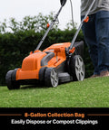 Electric Lawn Mower With 16 Inch Cutting Width 3500 RPM Power 12 Amp Corded Design Eco Friendly with collection bag on lawn