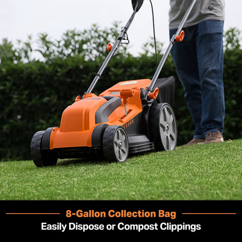 Electric Lawn Mower With 16 Inch Cutting Width 3500 RPM Power 12 Amp Corded Design Eco Friendly with collection bag on lawn