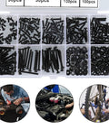 Sweet 410 Piece M2 Metric Machine Screw Kit With Black Button Head Allen Cap Bolts Nuts And Washers Made Tough Grade 10.9 Alloy Steel Includes Hex Key Perfect For Heavy Duty Repairs And Custom Builds With Top Notch Durability And Strength. black M2 screw kit in organizer case with bolts, nuts, washers