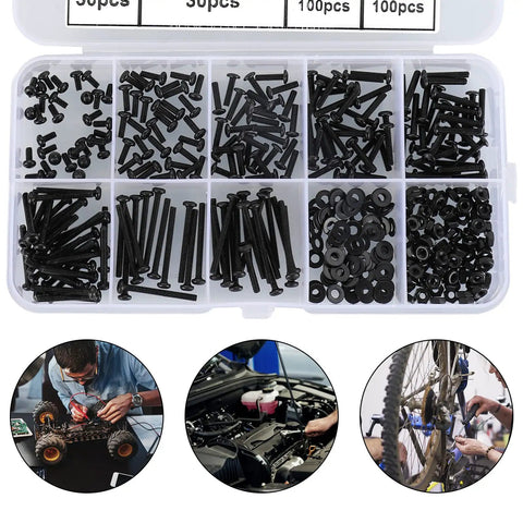 Sweet 410 Piece M2 Metric Machine Screw Kit With Black Button Head Allen Cap Bolts Nuts And Washers Made Tough Grade 10.9 Alloy Steel Includes Hex Key Perfect For Heavy Duty Repairs And Custom Builds With Top Notch Durability And Strength. black M2 screw kit in organizer case with bolts, nuts, washers