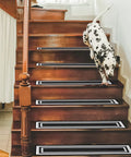 Dog walking down on 15 Pack Grippy Non Slip Stair Treads For Indoor Wooden Steps, 8 By 30 Inches, Reusable Machine Washable Carpet Runners