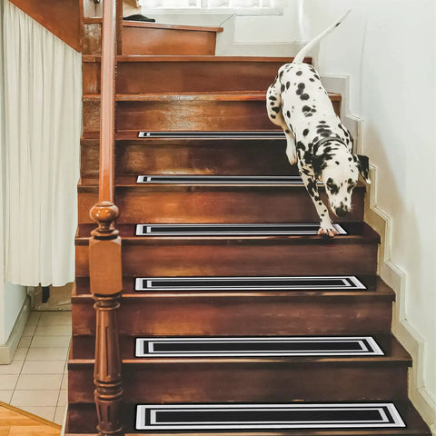 Dog walking down on 15 Pack Grippy Non Slip Stair Treads For Indoor Wooden Steps, 8 By 30 Inches, Reusable Machine Washable Carpet Runners