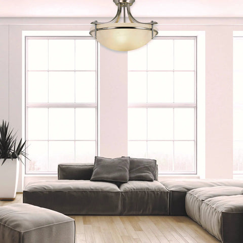 Vitalian 21.5 Inch Semiflush Ceiling Light With Wide Dish Glass Shade In Brushed Nickel installed in modern living room