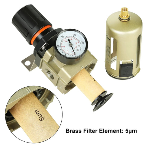 Half Inch Air Compressor Filter Regulator Combo With Brass Five Micron Filter Element, Water And Oil Trap, Pressure Gauge