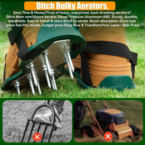 Heavy Duty Metal Lawn Aerator Shoes With Three Quarter Inch Spikes Tough As Nails Rugged Aluminum Plate Anti Slip Sole Durable Sandals For Yard Garden And Grass Easy To Use Soil Aeration Tool For Better Spring Lawn Health featuring aluminum spikes.
