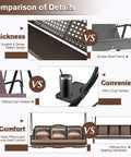 Comparison of Three Seat Outdoor Patio Swing Chair With Large Convertible Canopy Porch Glider Hammock Lounge Chair For Porch Rattan Wicker Steel Frame Cushions And Pillows Brown showcasing thickness, convenience, and comfort features.