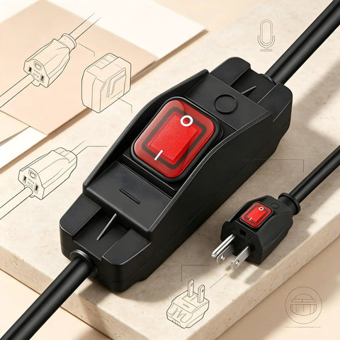 Hella Durable 3 Ft Outdoor Extension Cord With Snappy Inline Switch And Bright Led Indicator 3 Prong grounded cable black close-up view.