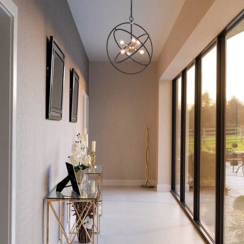 Six Light Mid Century Modern Orb Chandelier in Matte Black with Dark Gold Finishes Floating Globe Ceiling Light in foyer