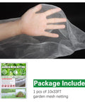 Ultra Fine Garden Netting 10x33ft Mosquito Bird Barrier with hand displaying fine mesh texture and packaging details