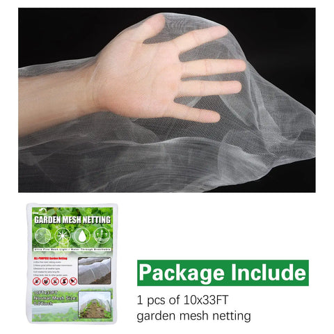 Ultra Fine Garden Netting 10x33ft Mosquito Bird Barrier with hand displaying fine mesh texture and packaging details