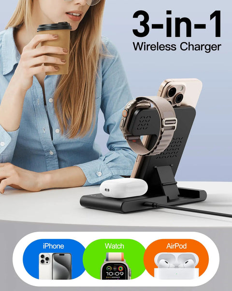 Travel Ready 3 In 1 Wireless Fast Charger Station For iPhone Apple Watch And AirPods on desk with woman holding coffee