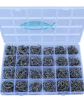 Bulk Fishing Hooks Set 800 Pieces Eight Sizes 9 To 2 for Freshwater and Saltwater in a compartment box showing durable steel hooks.