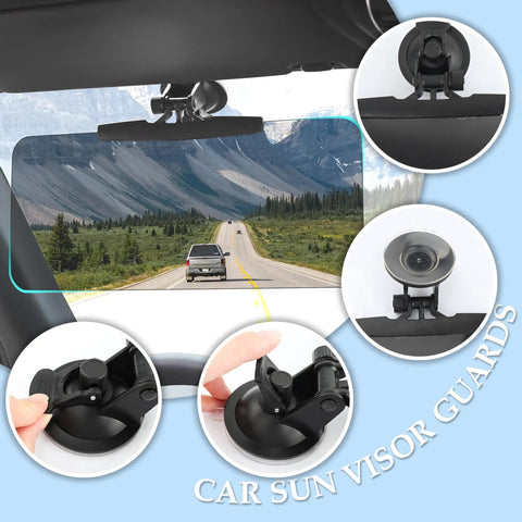 180 Degree Adjustable Sun Visor Extender for cars with anti-glare shield shown attached to car visor; detail images of suction cups.