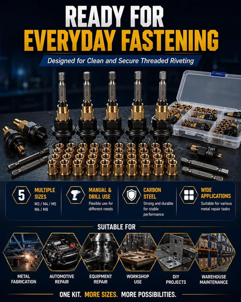 Heavy-Duty Auto Rivet Nut Tool Kit M3-M8 With Interchangeable Heads And Adapters In Carbon Steel For Quick Pro-Grade Fastening On Cars And DIY Projects. Kit with M3-M8 heads, rivet nuts, and storage case