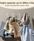 Heavy Duty Wall Mount Coat Hooks Set holding clothes and bags, metal hangers for strong 30 lb hold, white 4 pack organizer.