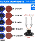 100 Pack 2 Inch Abrasive Cartridge Rolls For Rotary Tool With Roll Lock Sanding Discs In Grits 36 60 80 120 240 Includes 1/4 Inch Threaded Rods And Quick Change Retainers Premium Aluminum Oxide Abrasive For Heavy Duty Finishing image showing different grit sanding discs and threaded rods.