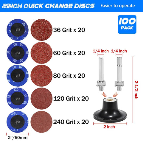 100 Pack 2 Inch Abrasive Cartridge Rolls For Rotary Tool With Roll Lock Sanding Discs In Grits 36 60 80 120 240 Includes 1/4 Inch Threaded Rods And Quick Change Retainers Premium Aluminum Oxide Abrasive For Heavy Duty Finishing image showing different grit sanding discs and threaded rods.