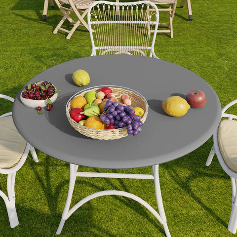 Round Vinyl Tablecloth With Elastic Edge And Flannel Backing, No-Slip No-Fuss 100 Percent Waterproof Fitted Cover For 36 To 44 Inch Tables, Grey