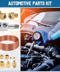 4 Pack 72 Inch Oil Pressure Gauge Tubing Kit With Sensor Adapter 1/8-27 NPT, 45 Degree Street Elbow, 1/8 NPT Male And 1/8 Inch Female Brass Pipe Fittings For Block Engines, showing gauge installed on engine with stainless steel and brass fittings.