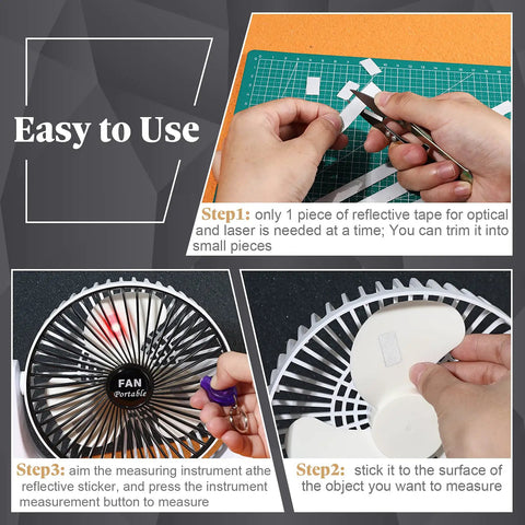 Pro Grade Twenty Pack Reflective Tachometer Tape Strips for Optical and Laser Tachometers, shown with application steps